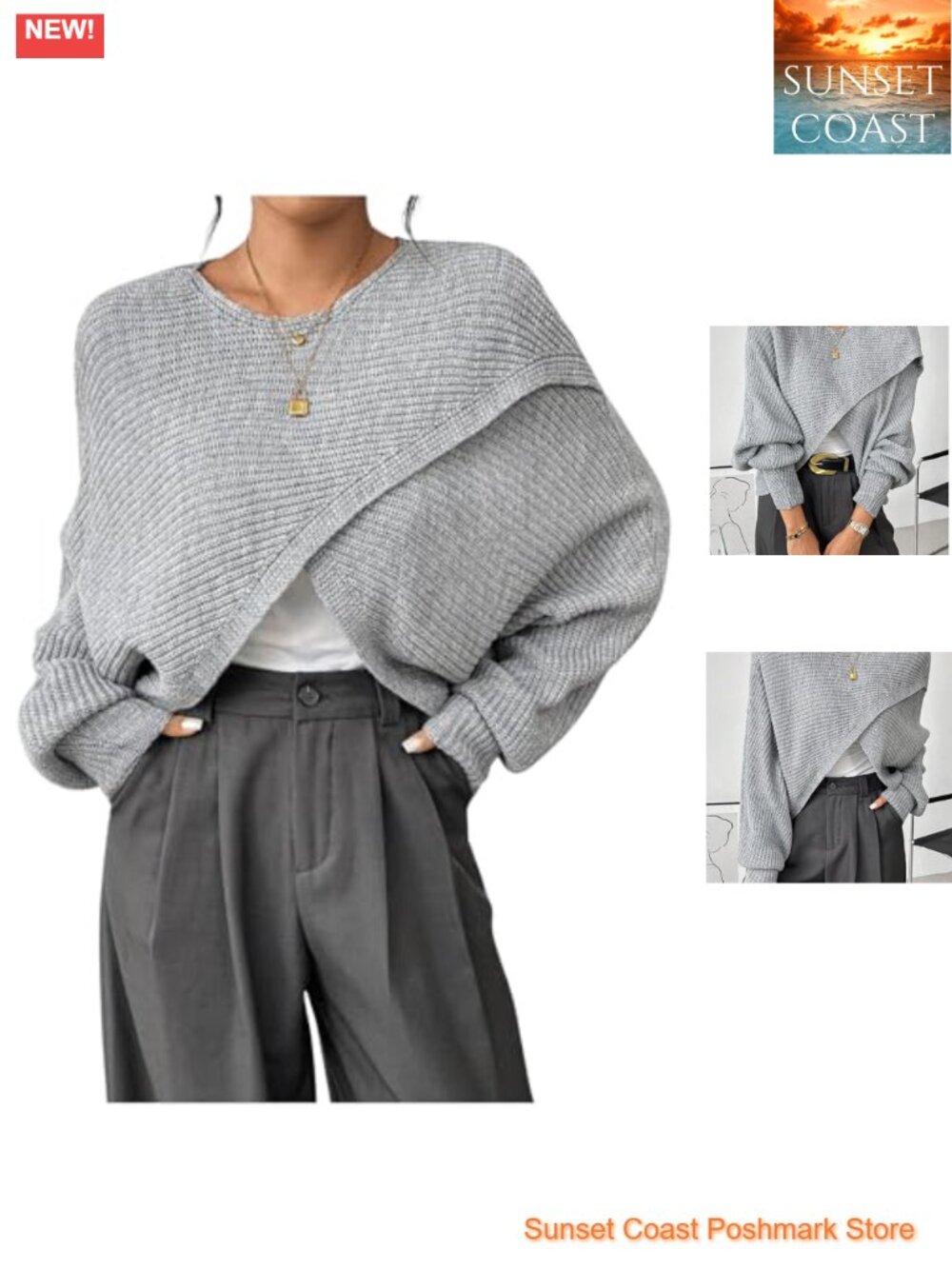 Lightweight Asymmetrical Wrap Cropped Sweater Puff Sleeve Boat Neck